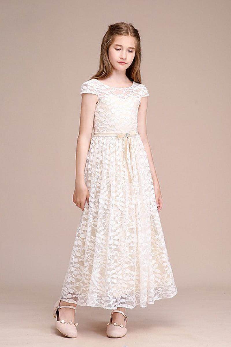 A-Line Scoop Neck Cap Sleeve Midi Lace Flower Girl Dresses 728805443986 - COCOMELODY